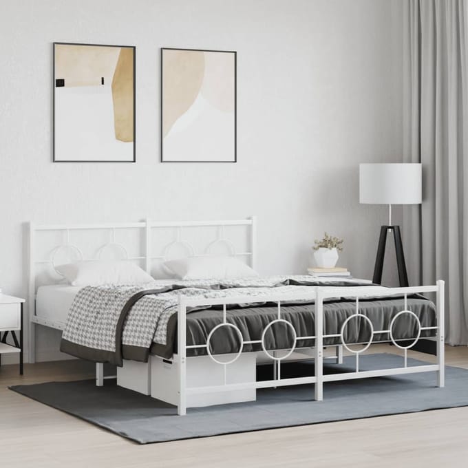 vidaXL - Bedframe - met - hoofd- - en - voeteneinde - metaal - wit - 150x200 - cm