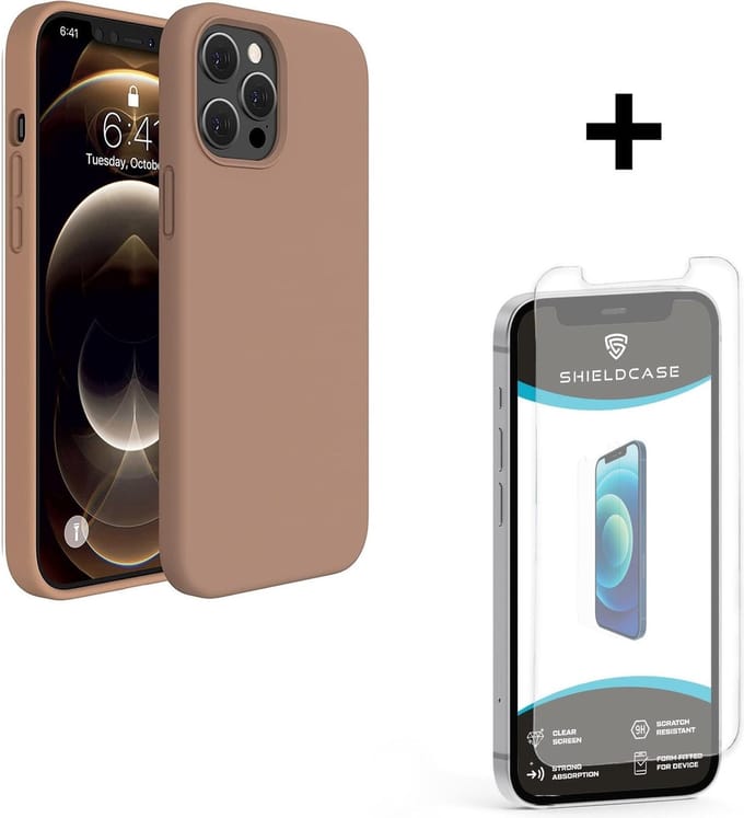 ShieldCase Silicone case geschikt voor Apple iPhone 12 / 12 Pro - optimale bescherming - siliconen hoesje - backcover - lichtbruin + glazen Screen Protector