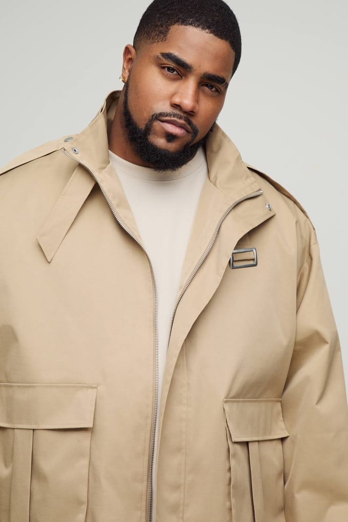 Plus Oversized Boxy Cargo Trench Coat | Stone | Size 2XL