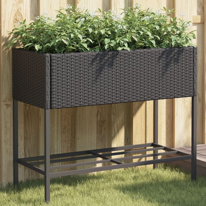 vidaXL - Plantenbak - met - schap - poly - rattan - zwart