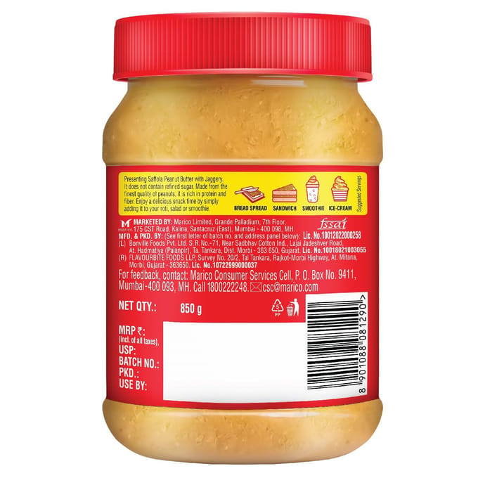 Saffola Beurre de Cacahuète avec Jaggery, Croquant 850 g | Beurre de Cacahuète Riche en Protéines | Sans Sucre Raffiné beige