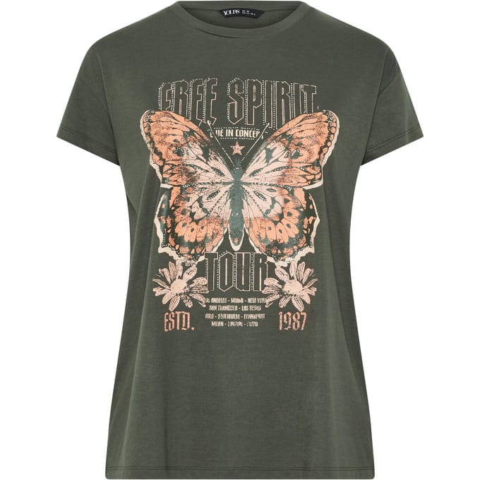 Yours Kakigroen 'Free Spirit' Tshirt Met Vlinderversiering Size 44