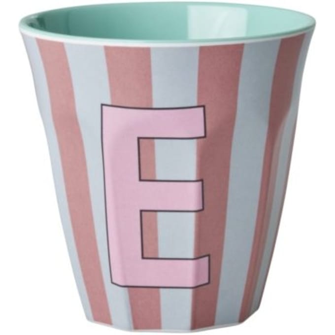 Rice melamine beker medium gestreept letter e, roze
