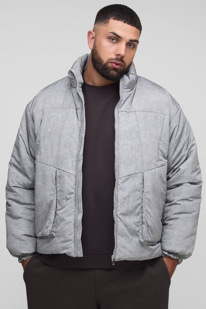 Plus Oversized Fit Gewassen Nylon Gevoerde Funnel Neck Puffer Jas | Grey | Size 2XL