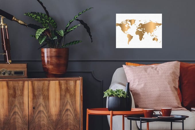 Poster - Wereldkaart - Stippen - Goud - 40x30 cm