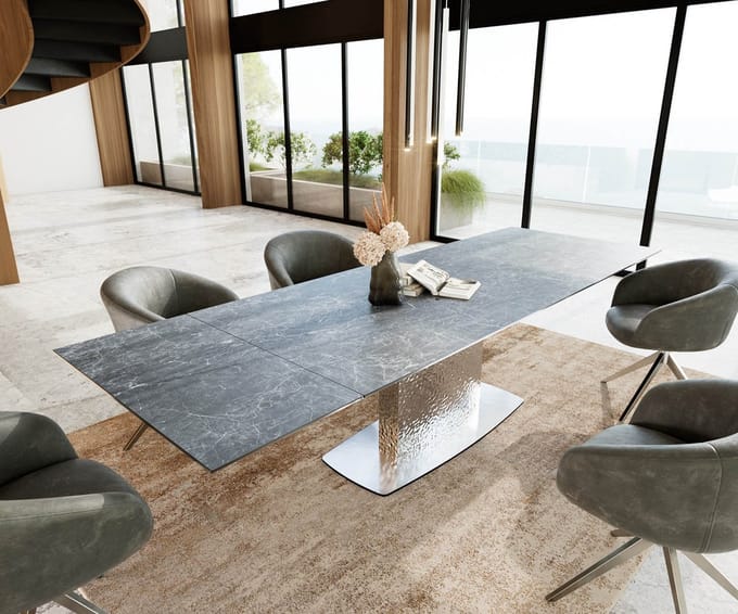 Eetkamertafel Edge keramiek Laminam®Nero Greco grijs 200-300x100 Wave RVS uitschuifbaar