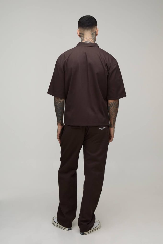 Lange Oversized Shirt Met Ritssluiting En Geborduurd Twill Met Bijpassende Relaxed Broek Set | Chocolate | Size Large