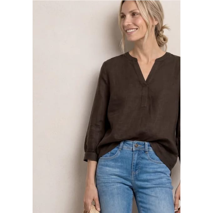 3/4-mouwen blouse van linnenmix met gespleten hals