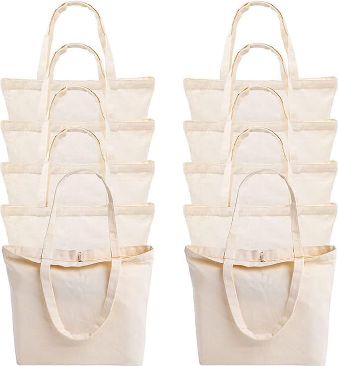 Set van 10 Herbruikbare Canvas Tassen met Rits - Wit - 40x33cm voor DIY en Boodschappen