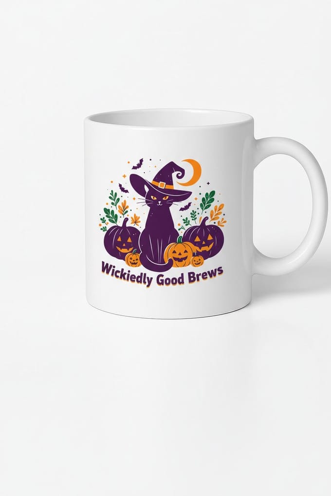 Halloween Mok "Wickedly Good Brews" - Zwarte Kat en Pompoenen