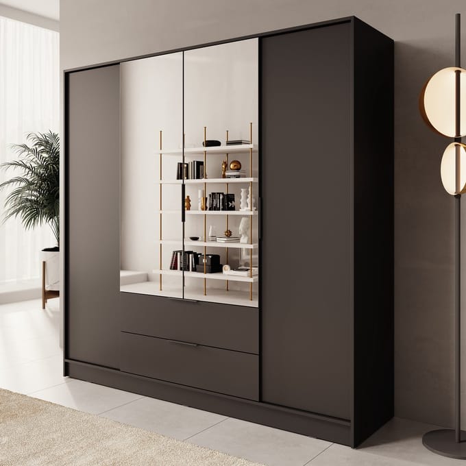 Meubella - Kledingkast Kaelum - Zwart - 206 cm - Met spiegel