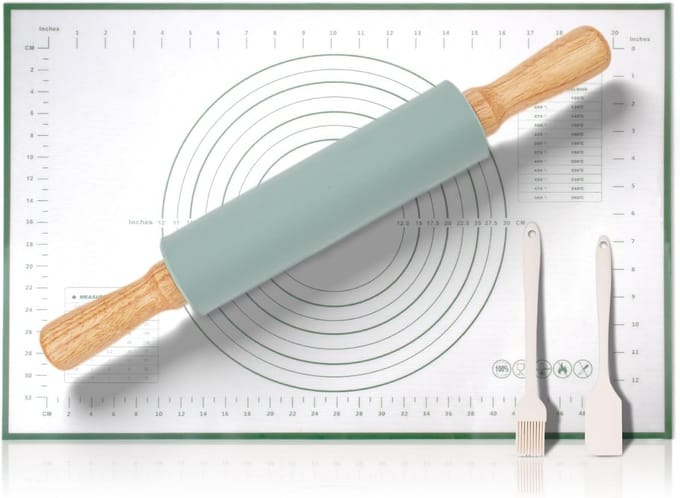deegroller en deegmattenset, 38,5 cm deegroller met gebakborstels en deegschraper voor pizza, taart, koekjes, pasta en brood