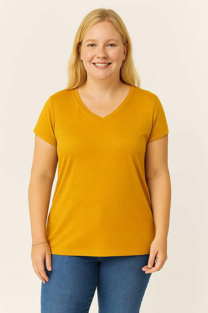 Dames XL V-Hals Basic Kortemouw T-Shirt, Mosterd
