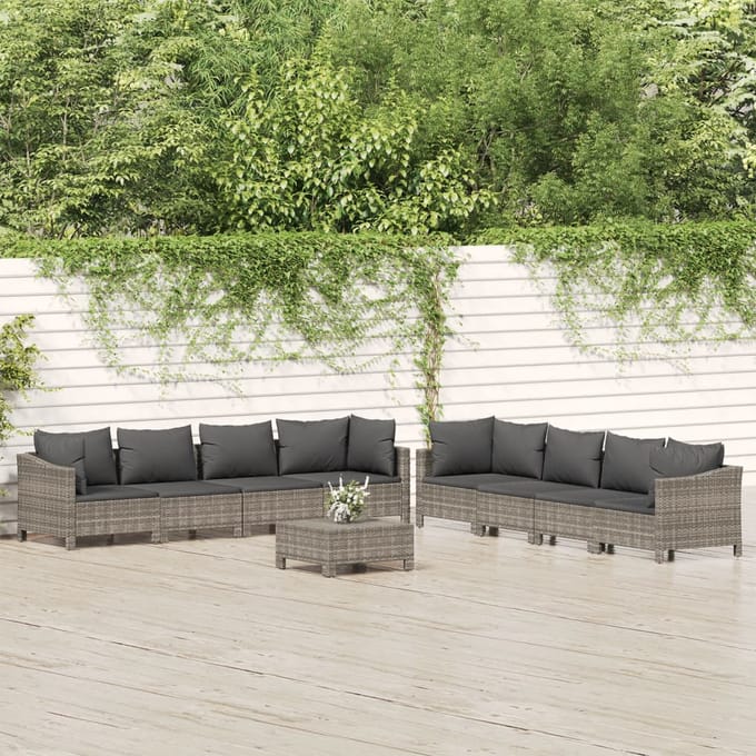 vidaXL - 9-delige - Loungeset - met - kussens - poly - rattan - grijs
