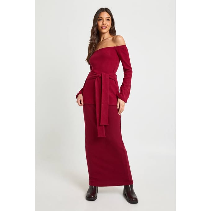 boohoo Dames Geborstelde rib maxirok | Wine | Maat: 6