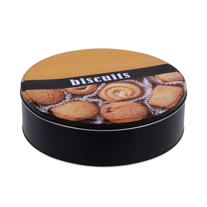 Excellent Houseware koektrommel/voorraadblik Biscuits - metaal - zwart/bruin - 22 x 6.5 cm