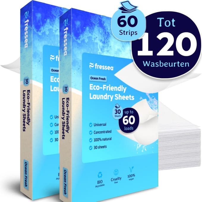 Fressea Wasstrips 120 Wasbeurten - Wasmiddel Strips - Plasticvrij & Vegan Wasmiddeldoekjes (Zeebries)