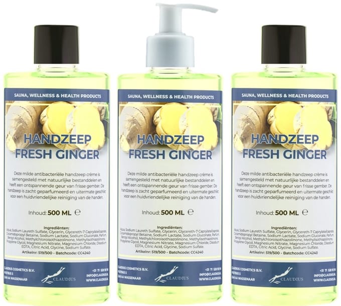 Handzeep Fresh Ginger 500 ml - set van 3 stuks - met gratis pomp - Voordeelverpakking