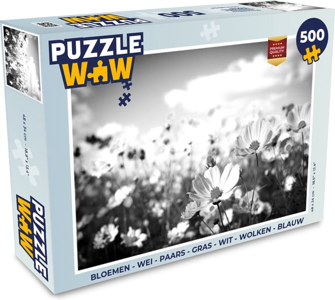 Puzzel Bloemen - Wei - Paars - Gras - Wit - Wolken - Blauw - Legpuzzel - Puzzel 500 stukjes