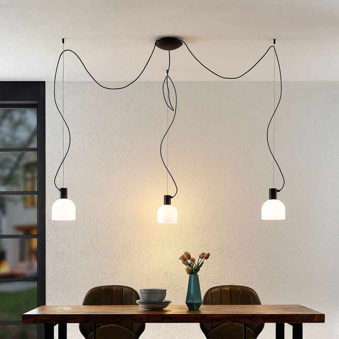 Lucande - hanglamp - 3lichts - glas, ijzer - E27 - wit, zwart