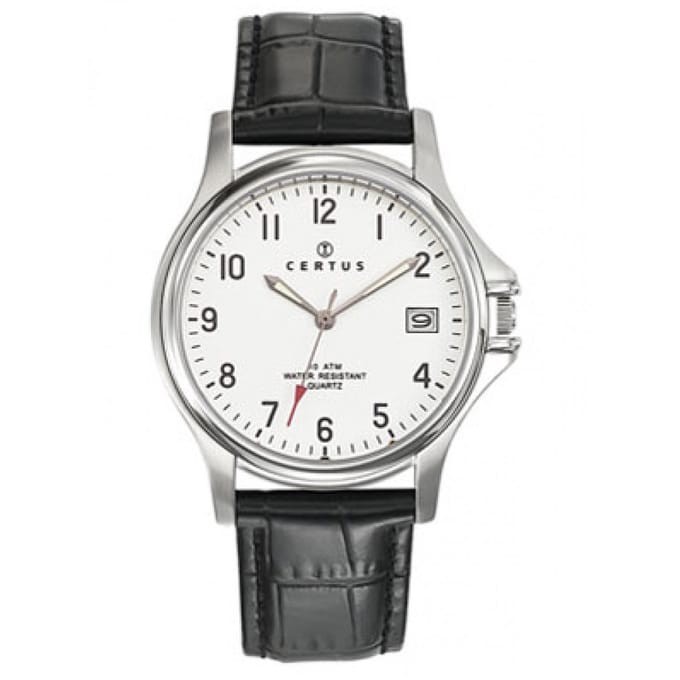 Certus-Duidelijk heren horloge-Datumaanduiding-Zwart lederen band.