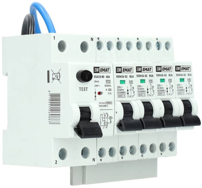 EMAT uitbreidingsset 1 aardlekschakelaar 2P 40A, 4 installatieautomaat 1P+N 16A B-Kar (85015003)