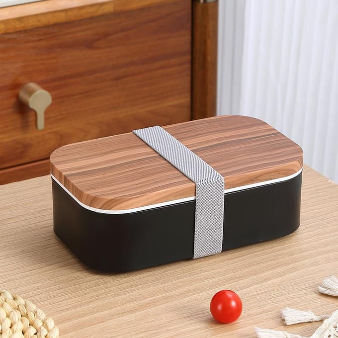 Verkoop INS Houtnerf Dubbellaagse Plastic Lunchbox Magnetron Volwassen Lunchbox Bento Box Lunchbox brown