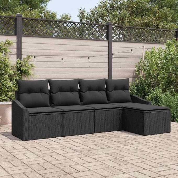 vidaXL Bankstel met kussen met opslag 5 pcs Zwart poly rattan