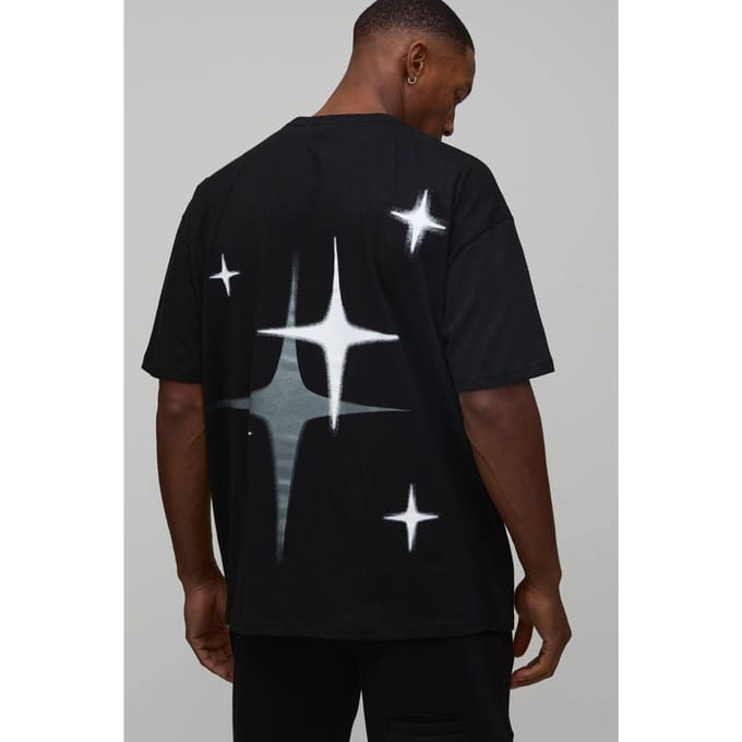 Oversized Man Star Spray Printed T-Shirt | Black | Size XS
