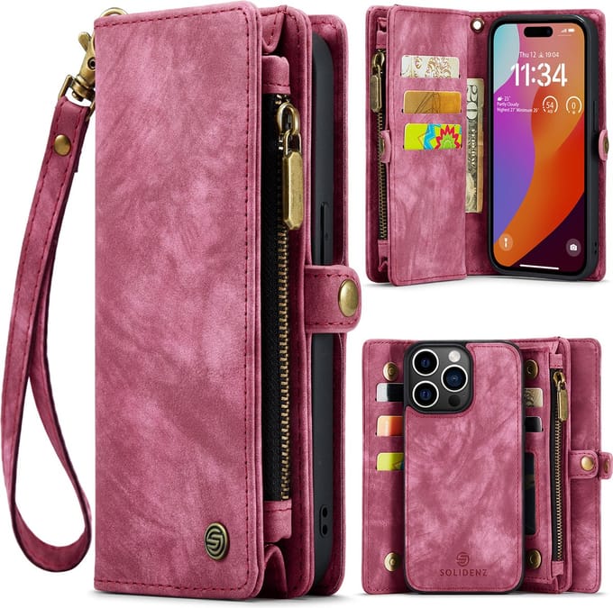 Solidenz hoesje geschikt voor iPhone 15 Pro Max – wallet met pasjeshouder en polskoord – rood