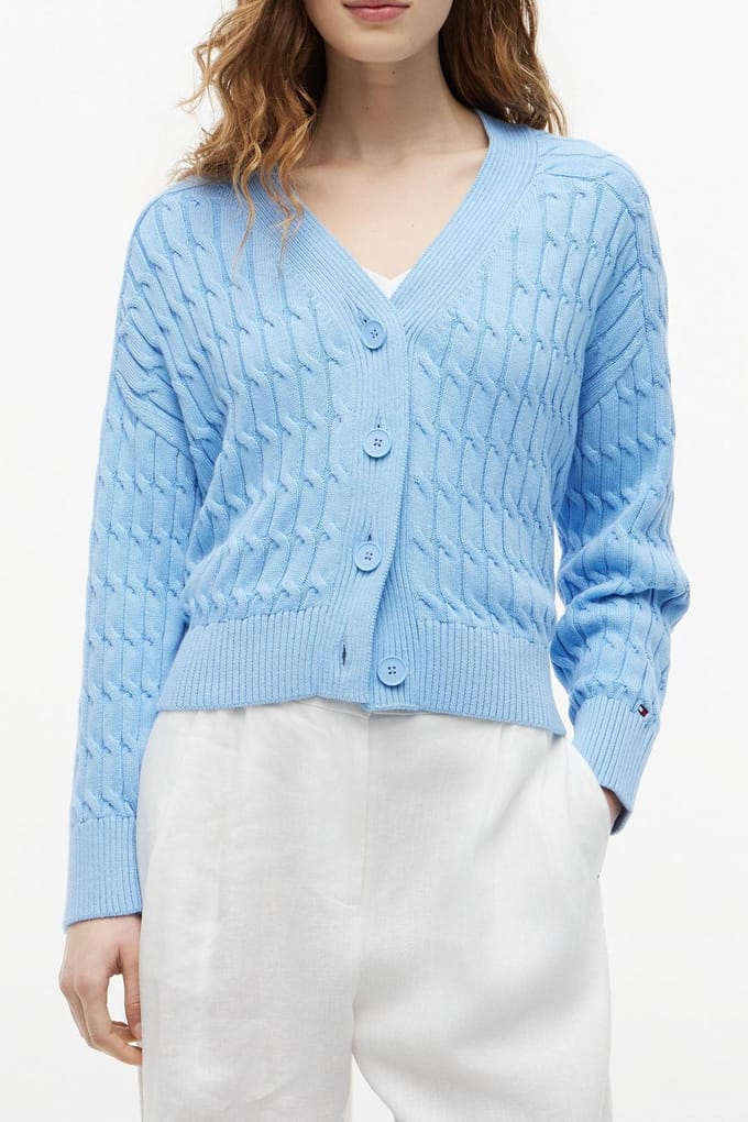 Tommy Hilfiger Mid Cable V-neck Ls Vessel Blue Größe: M | Cardigans Outlet | Damen | Blau
