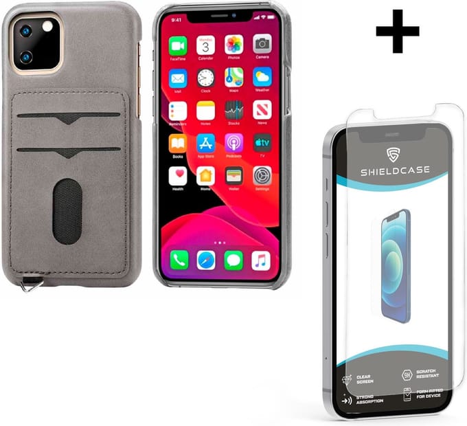 ShieldCase Vintage case met pashouder geschikt voor Apple iPhone 12 / 12 Pro - 6.1 inch - grijs + glazen Screen Protector