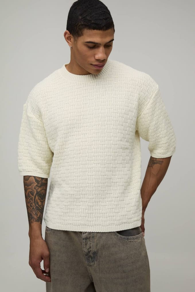 Boxy Fit Textured Stitch Knitted T-Shirt | Ecru | Size Large