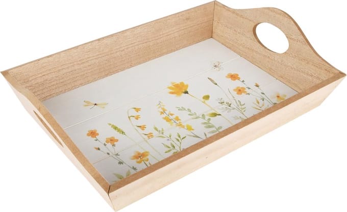 Dekoratief | Dienblad m/bloemen, geel/wit, hout, 30x21x7cm | A250285