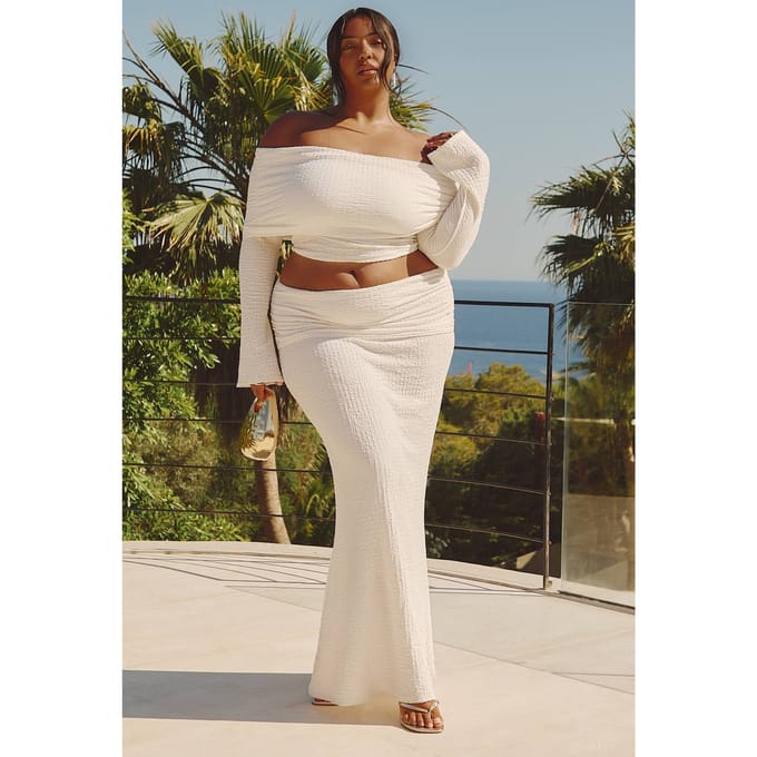 boohoo Dames PLUS GERIMPELDE OMPVOUW-MAXI ROCK | Wit | Maat: 48