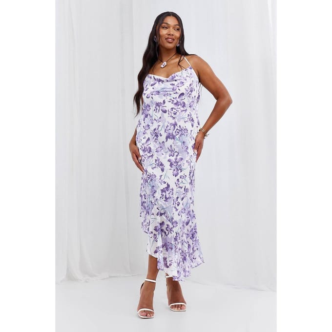 boohoo Dames Plus Floral Cowl-back Asymmetrische Maxi-jurk | Violet | Maat: 56