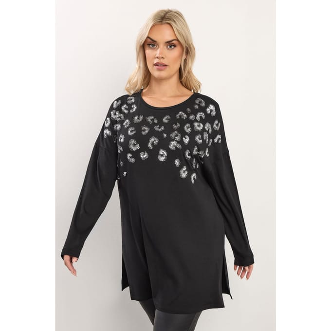 Yours Zwarte Top Met Luipaardprint, Pailletten En Lange Mouwen Size 46