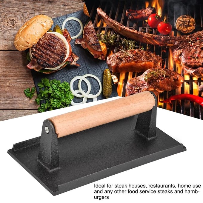 Commercieel Gietijzeren Steakgewicht Houten Handvat Bacon Grill Hamburgerpers beige