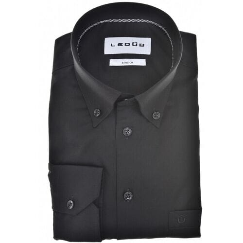 Ledûb Overhemd Uni Color Subtle Contrast Button-Down Cotton Stretch Zwart / male