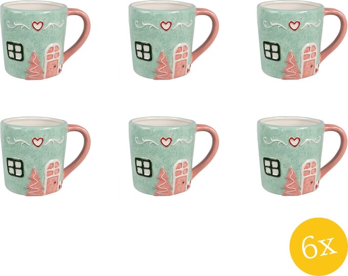 Clayre & Eef Mok 350 set van 6 stuks 350 ml Groen Keramiek Drinkbeker