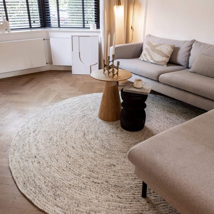 Rond wollen vloerkleed Gapo beige/wit gemeleerd - Rond 150 Ø - (M)