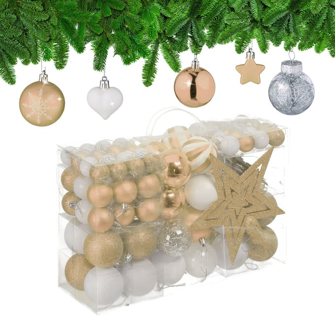 kerstballen - set van 101 - plastic - onbreekbaar - kerstpiek ster - champagne/wit