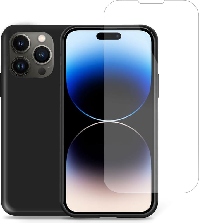 Geschikt voor iPhone 14 Pro Max Hoesje + Screenprotector – Gehard Glas Cover - Suède Case Zwart
