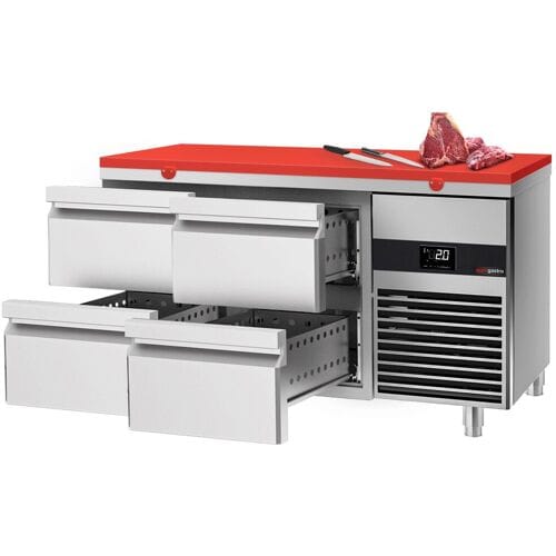 GGM Gastro Kühltisch PREMIUM - 1400x700mm - mit 4 Schubladen - inkl. Schneideplatte Rot
