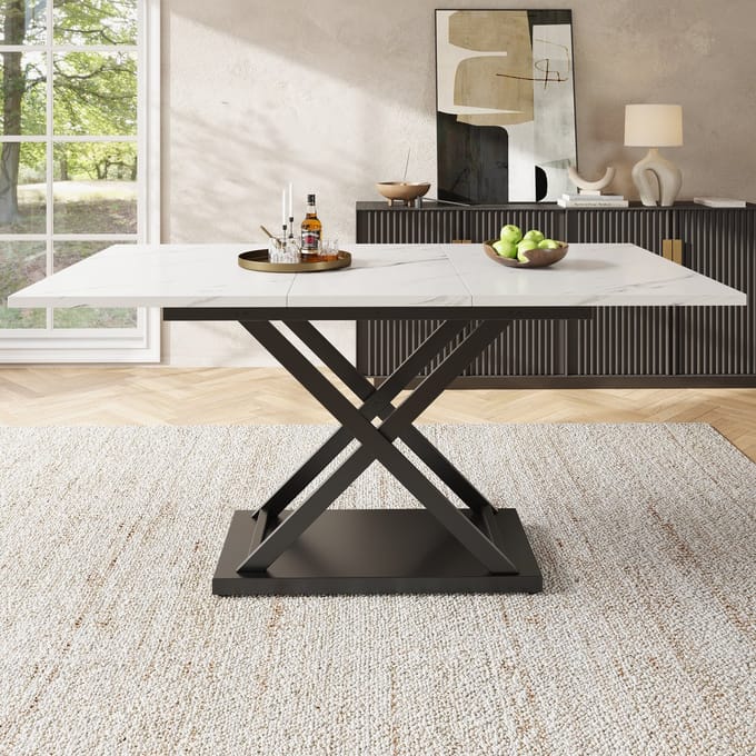 MODFU Uitschuifbare eettafel 120-160×80 cm | gemarmerd MDF, zwarte kruispoten, multifunctioneel
