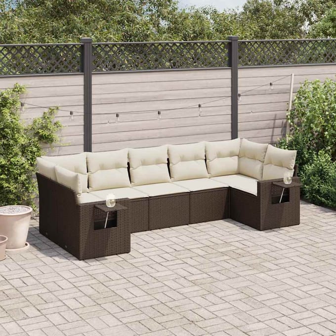 vidaXL - 7-delige - Loungeset - met - kussens - poly - rattan - bruin