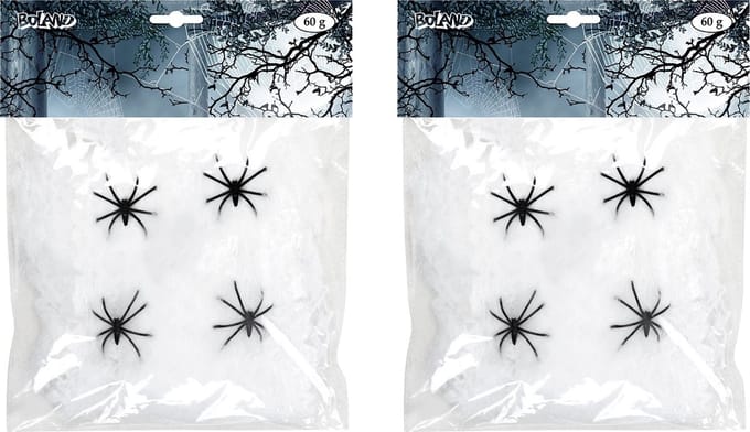 Boland Decoratie spinnenweb/spinrag met spinnen - 2x - 60 gram - wit - Halloween/horror thema versiering