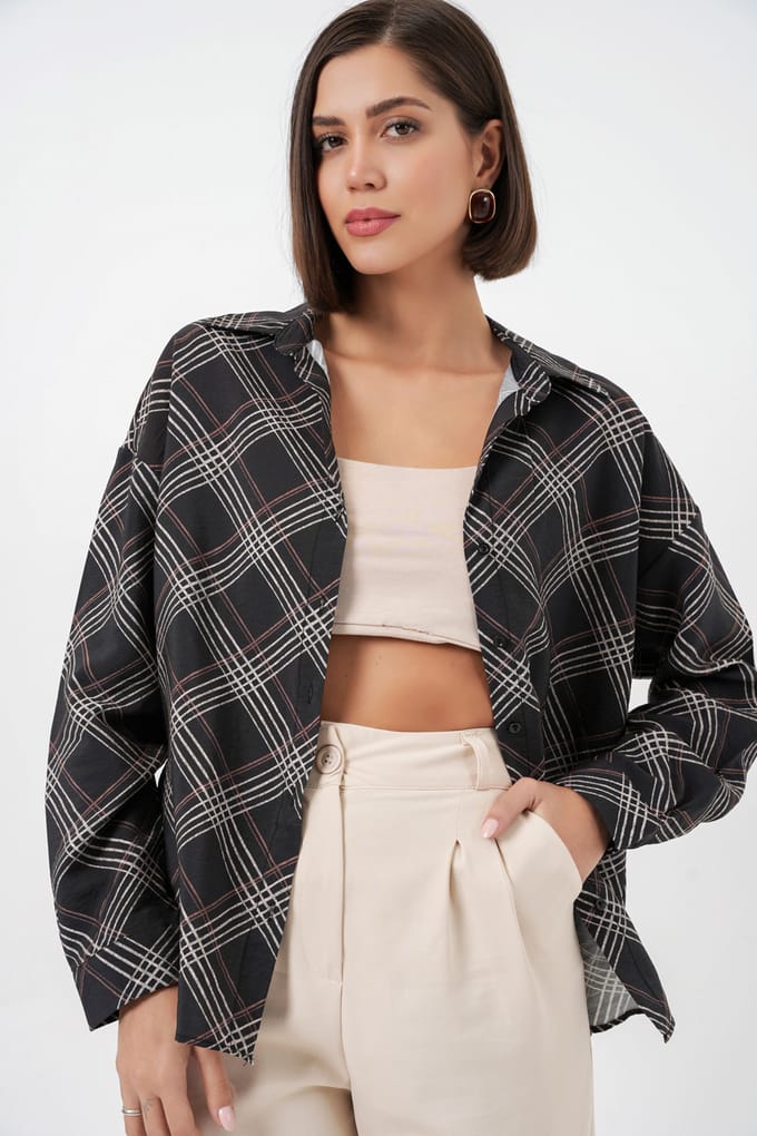 Overmaatse Geruite Blouse met Knopen