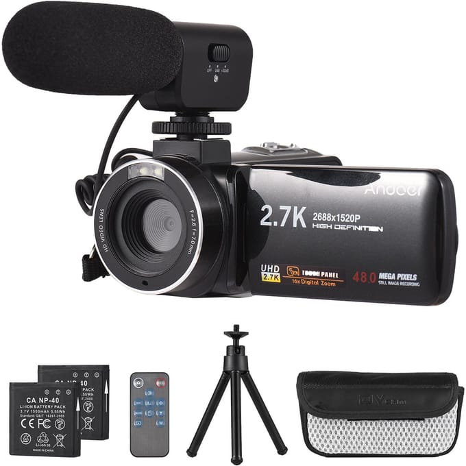 Andoer 2,7K digitale videocamera camcorder DV-recorder 48MP 16X digitale zoom 3,0 inch IPS Touch zwart