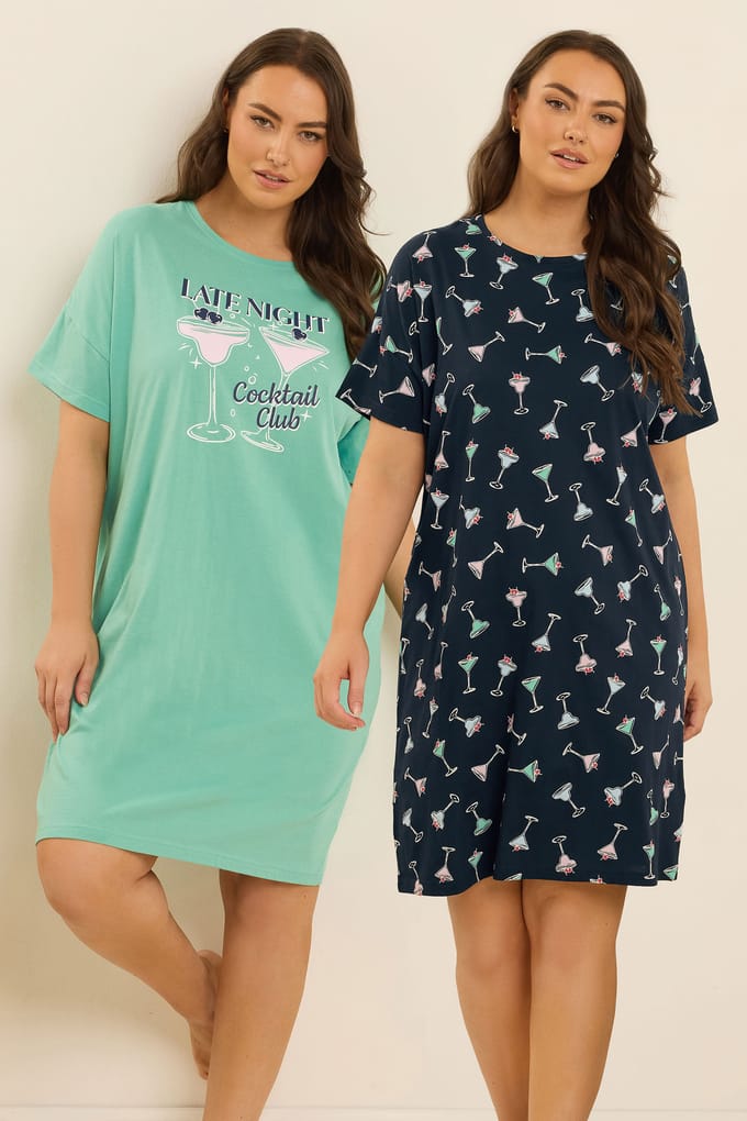 Yours 2 Pack Groene Cocktail Print Slaap Tshirt Nachthemden Size 54-56